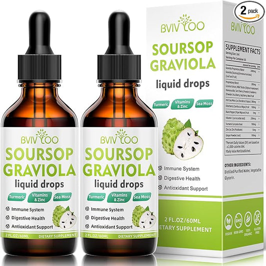 2 Pack Soursop Graviola Liquid Drops - 2000mg Pure Soursop Extract Blended with 300mg Sea Moss & 100mg Elderberry - Powerful Cell Support, Antioxidant-Rich, Immune-Boosting - 4 Fl Oz (120ml) Bottle