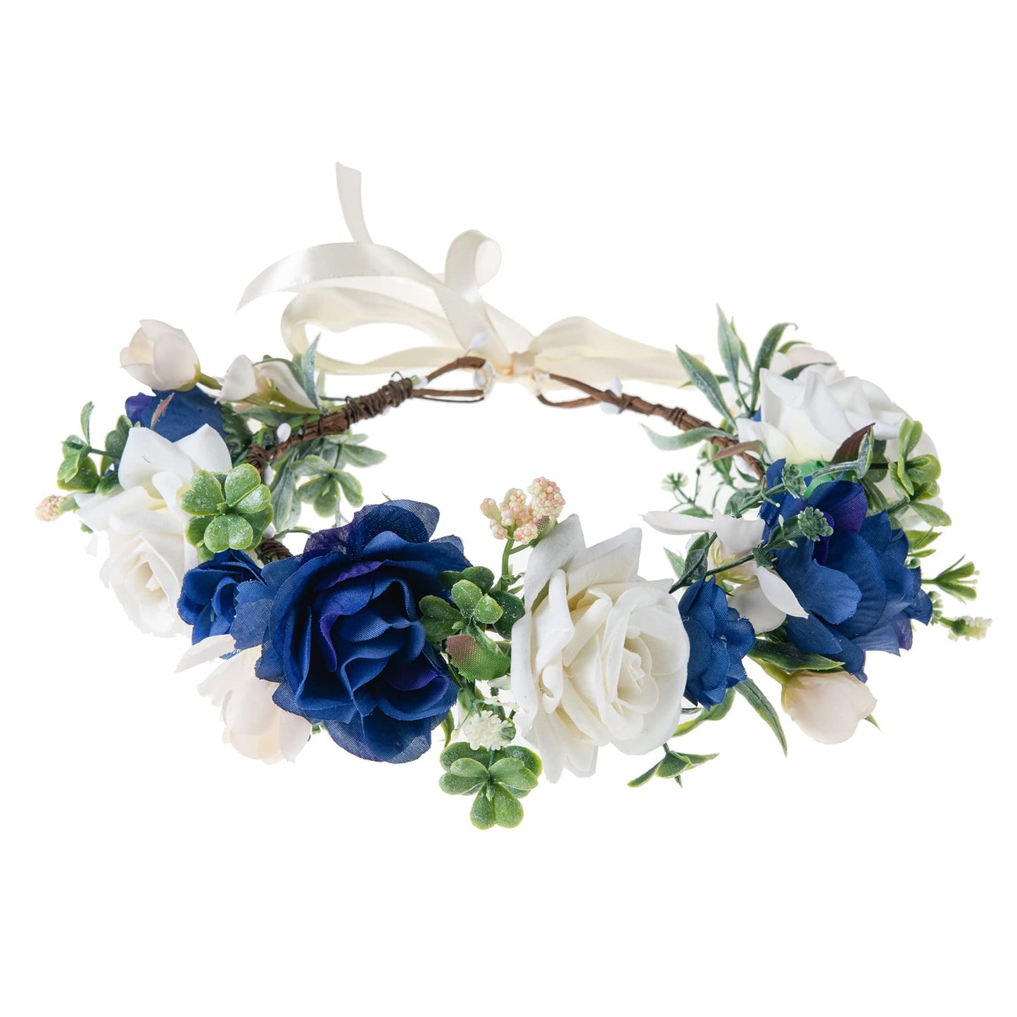 Floral Fall Adjustable Bridal Flower Garland Headband Flower Crown Hair Wreath Halo F-83 (B-Blue)