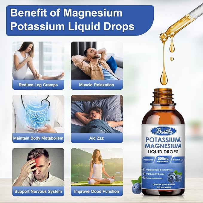 (2 Pack) Potassium Magnesium Supplement Liquid with Potassium, Magnesium,Calcium, Vitamin D3, Zinc, for Adult and Kid, Sugar Free