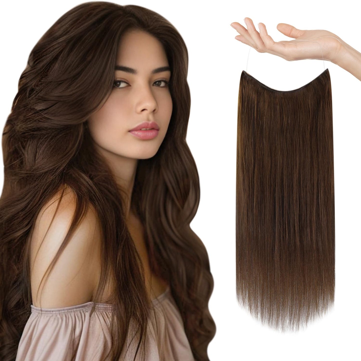 Sunny 125G Dakr Brown Wire Hair Extensions For Women Chocolate Brown Wire Human Hair Extensions Fish Line Brown Hairpiece Crown