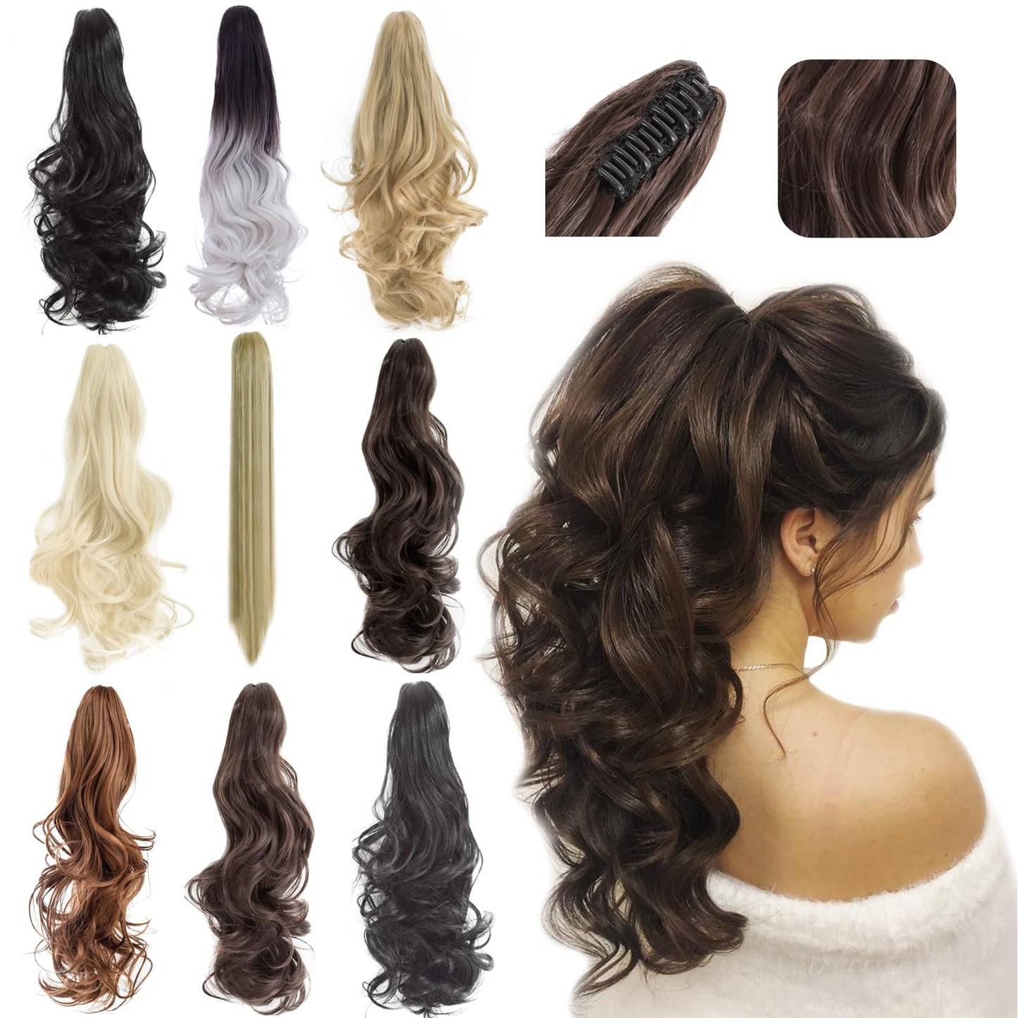 Felendy Ponytail Extension Claw 18'' 20'' Curly Wavy Straight Clip In Hairpiece One Piece A Jaw Long Pony Tails For Women (Black
