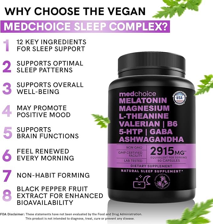 12-in-1 Melatonin Sleep Capsules - Natural Sleep Aids for Adults with Melatonin 5mg and Magnesium Glycinate 500mg, Sleep Aid with Ashwagandha, L Theanine, Valerian Root, GABA, 5-HTP (90ct, Pack of 3)