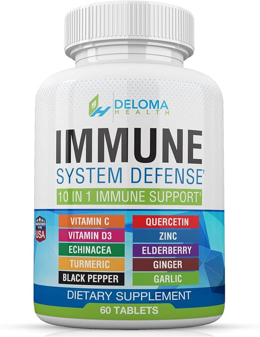 10 in 1 Immune System Support Supplement - Vitamin C (1000 mg), Quercetin, Vitamin D3 (5000iu), Zinc (40 mg), Elderberry, Echinacea, Turmeric, Ginger, Garlic, Black Pepper
