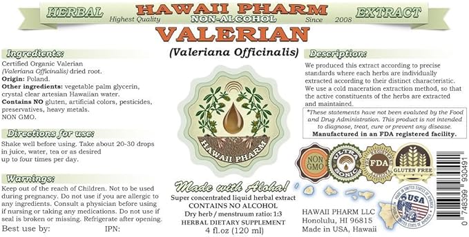 Valerian Alcohol-Free Liquid Extract, Organic Valerian (Valeriana Officinalis) DriedRoot Glycerite Natural Herbal Supplement, Hawaii Pharm, USA 2x32 fl.oz
