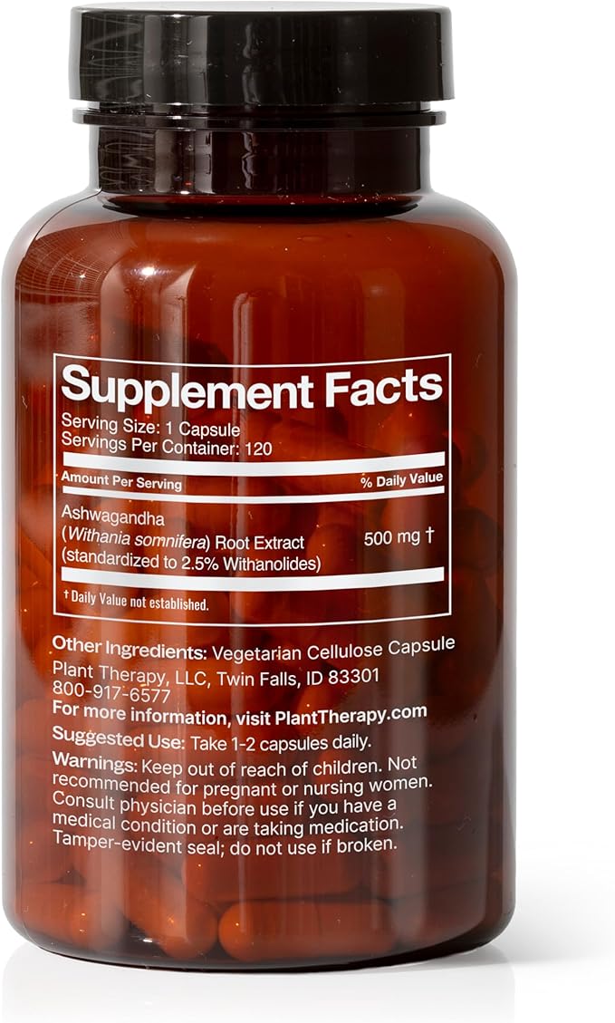 Plant Therapy Ashwagandha Herbal Supplement Capsules, Adaptogenic Herb Feel Relaxed & Find Balance, Potent Extract in Vegetarian Capsule, 120 Vegetarian Capsules (4 Month Supply), Made in The USA