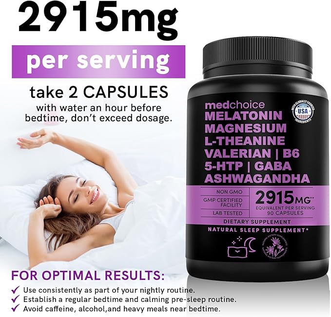 12-in-1 Melatonin Sleep Capsules - Natural Sleep Aids for Adults with Melatonin 5mg and Magnesium Glycinate 500mg, Sleep Aid with Ashwagandha, L Theanine, Valerian Root, GABA, 5-HTP (90ct, Pack of 3)