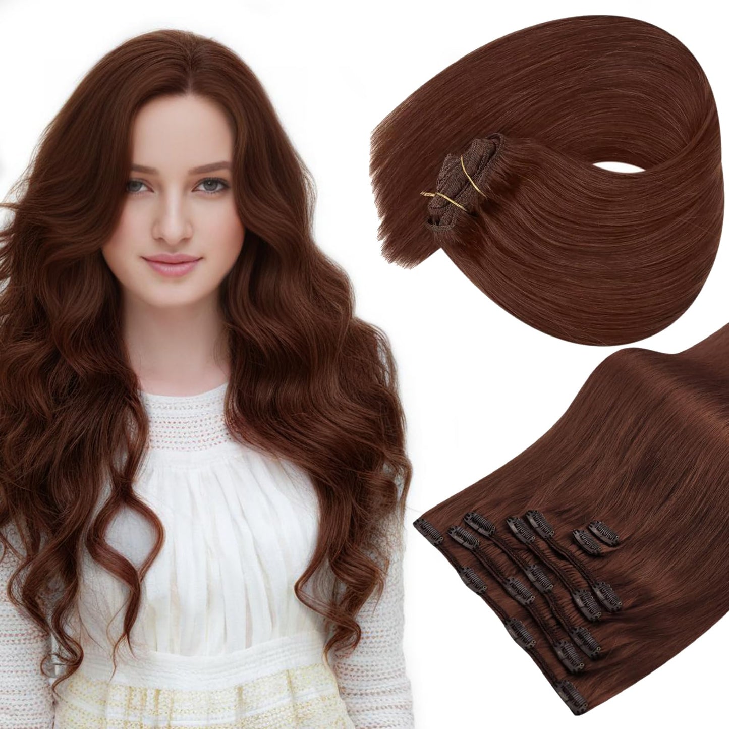 Sunny 150G Clip In Hair Extensions Auburn Red Human Hair Clip In Extensions Dark Auburn Brown Clip In Human Hair Extensions Real