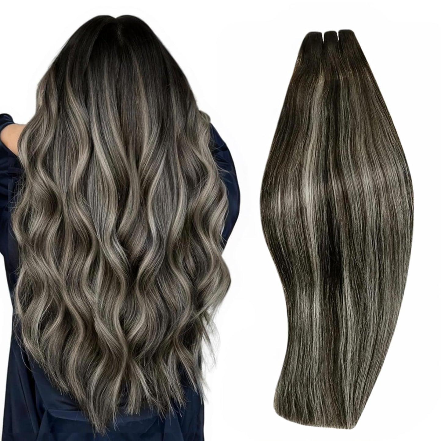 Runature Sew In Human Hair Extensions 22 Inch Weft Hair Extensions Human Hair Blend Of Black And Silver With Black Roots Black D