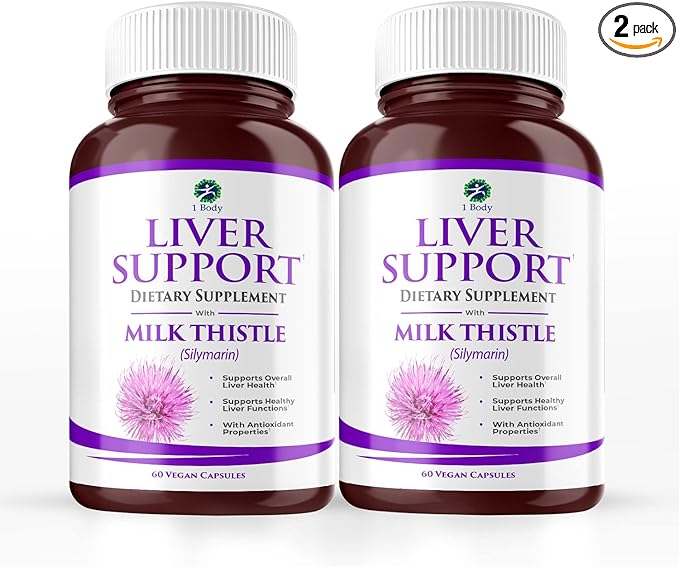 1 Body Liver Support Supplement with Milk Thistle & Dandelion, Twin Pack, 60 Capsules Each