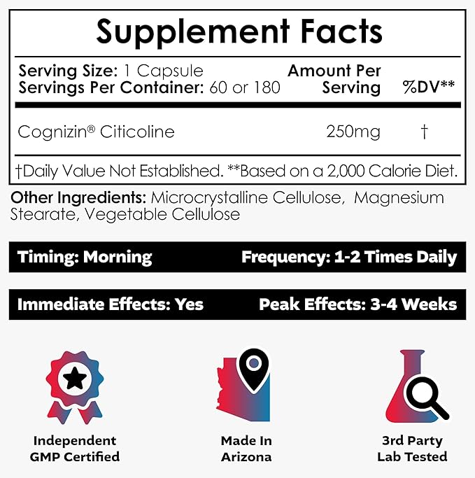 Nootropics Depot Cognizin Citicoline Capsules | 60 Count | Choline Supplement | Brain Health Supplement | Regulates Memory and Cognitive Function | Supports Attention, Focus and Recall