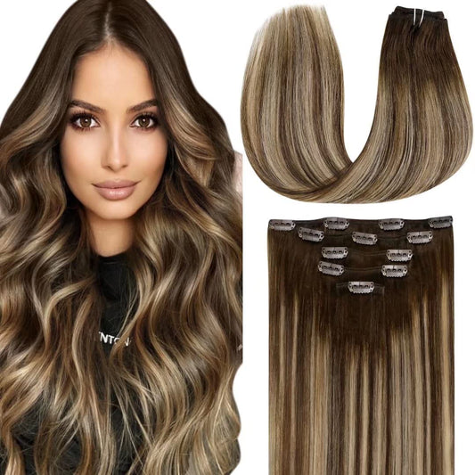 Hetto Clip In Hair Extensions Real Human Hair Balayage Brown Mix Blonde Clip In Human Hair Extensions 105+20G 7Pcs #4/27/4 Dark