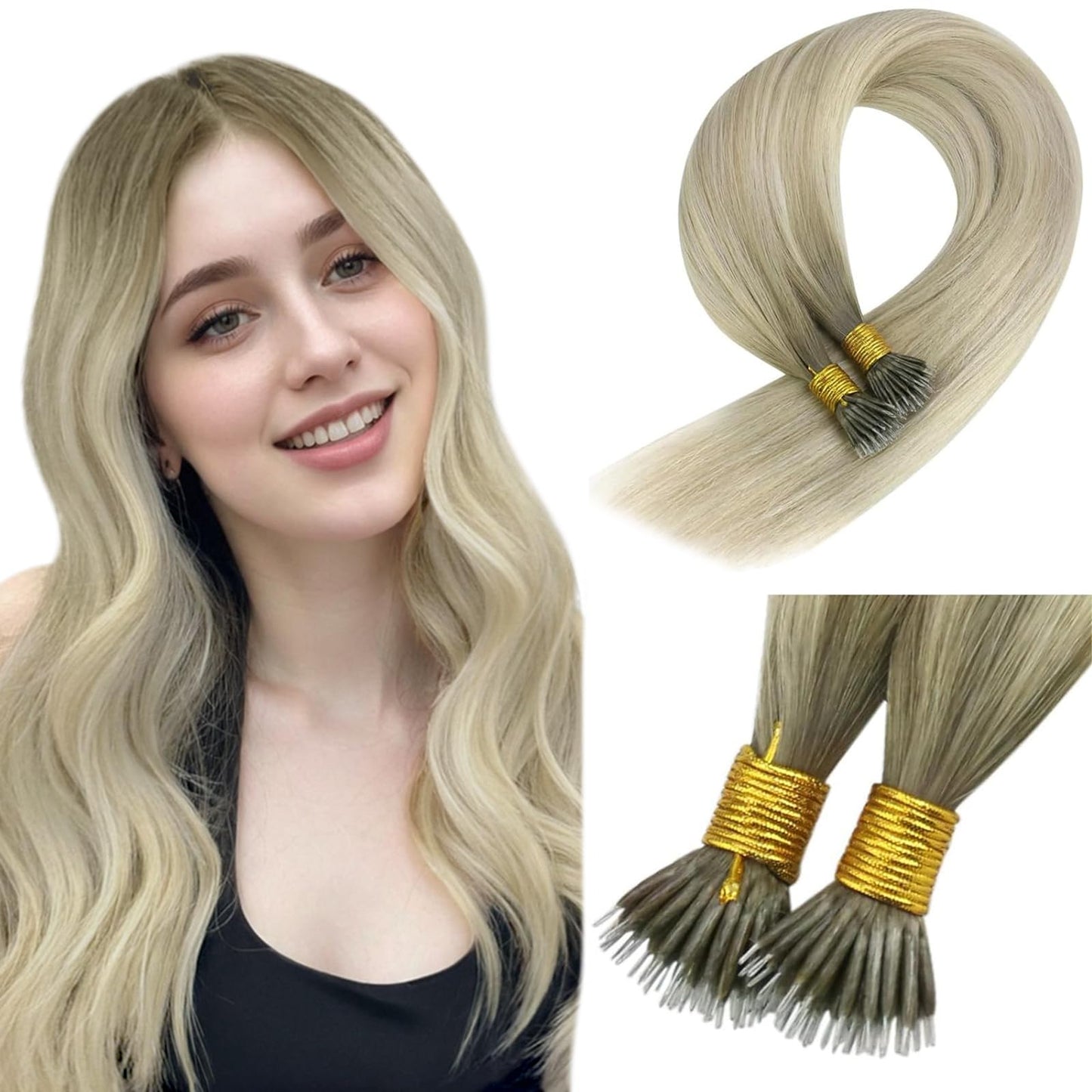 Sunny Hair Nano Extensions Human Hair Blonde Nano Hair Extensions Cool Ash Grey Ombre Platinum Blonde Nano Ring Hair Extensions