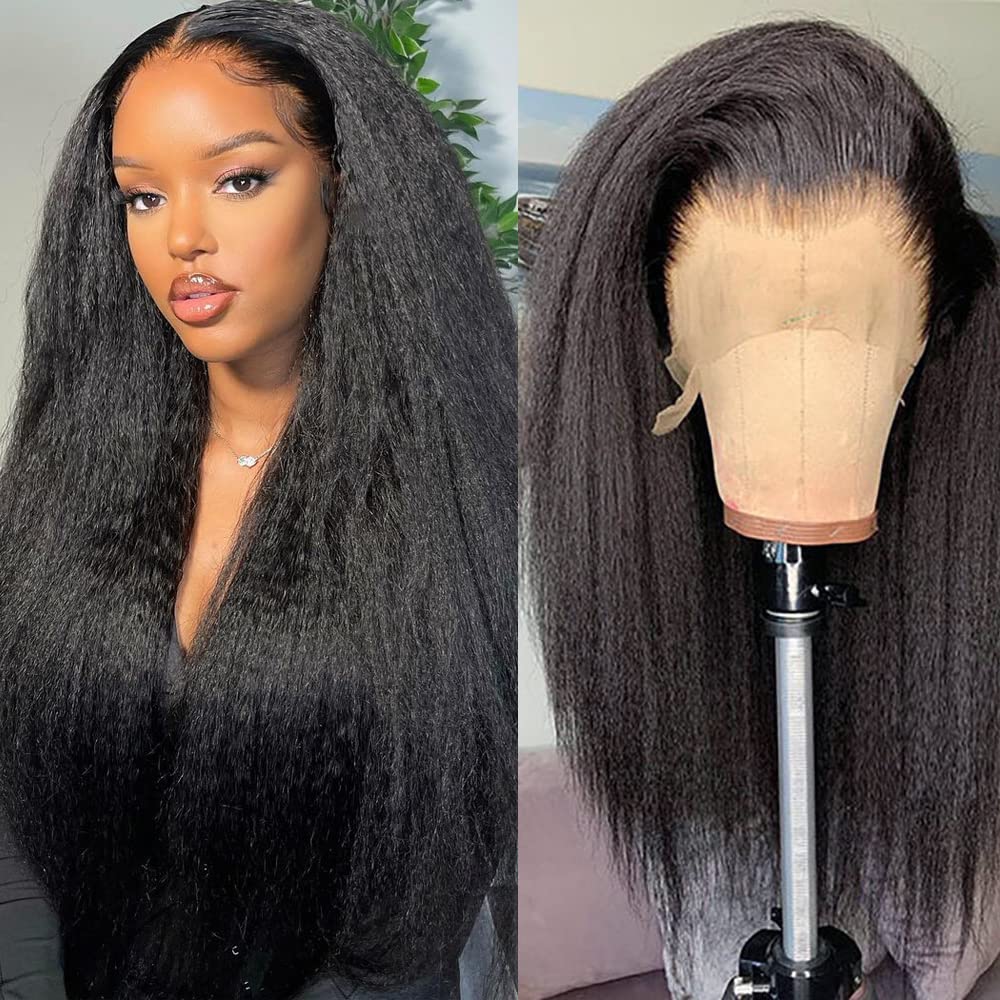 Golfmax Kinky Straight Lace Front Wigs Human Hair Pre Plucked With Baby Hair 180% Density Yaki Straight 13X4 Transparent Hd Glue