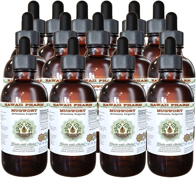 Mugwort Alcohol-Free Liquid Extract, Organic Mugwort (Artemisia vulgaris) Dried Flower Glycerite Natural Herbal Supplement, Hawaii Pharm, USA 15x4 oz