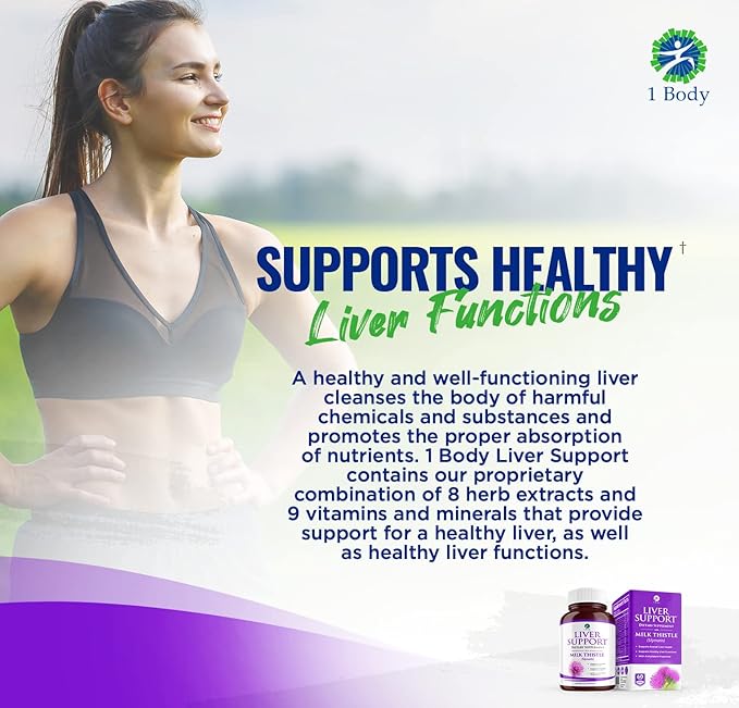 1 Body Liver Support Supplement with Milk Thistle, Turmeric, Dandelion, Artichoke, B12, 60 Vegan Silymarin Capsules