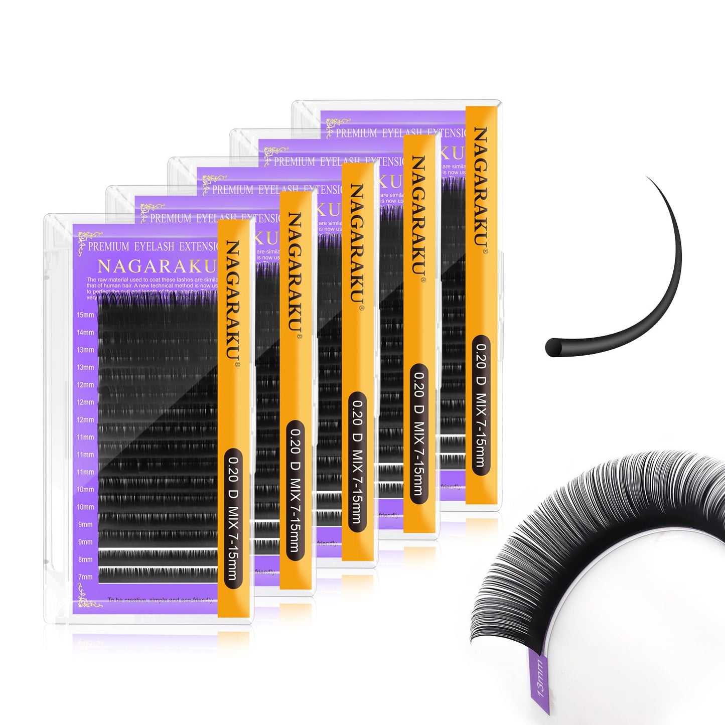 Nagaraku 5 Trays Eyelash Extensions 0.20Mm D Curl 7-15Mm Mix Tray Individual Lashes Classic Matte Black Faux Mink 16 Rows Profes