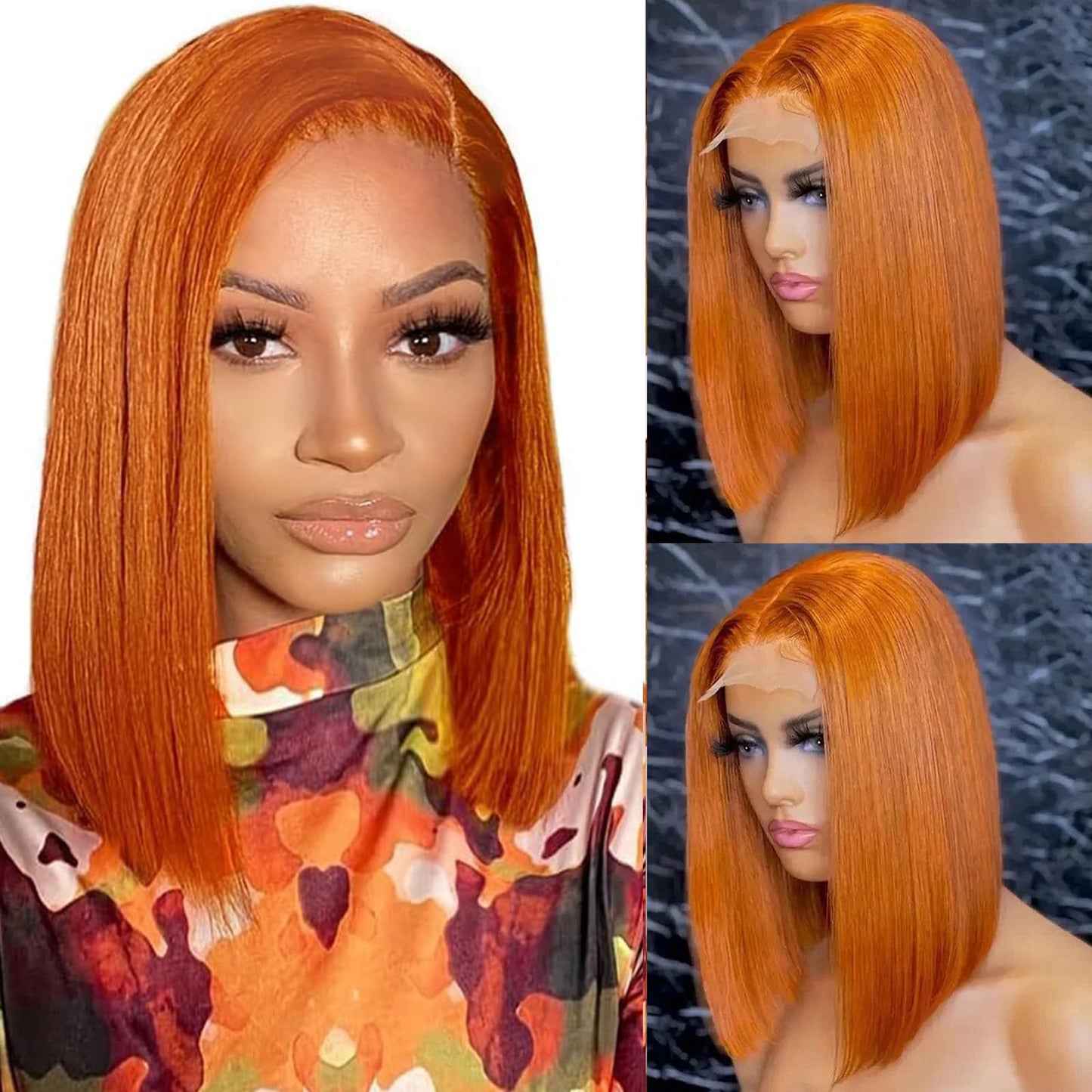Glueless Hd Ginger Bob Lace Front Wig Human Hair 13X4 Hd Transparent Lace Frontal Wigs 150% Density Colored Ginger Orange Straig