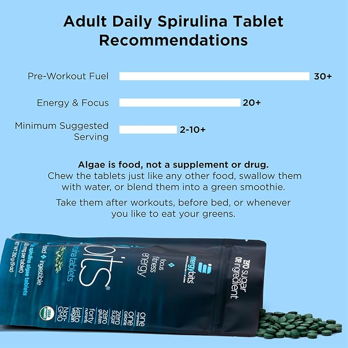 ENERGYBITS - Organic Spirulina Tablets - Plant-Based Algae Superfood - for Focus, Fitness, Energy - Plant Protein - Gluten Free - Collagen, Vitamin B12, Omega 3 - Keto & Vegan - 360 Algae Tablets
