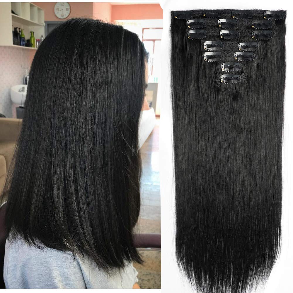 14'' Clip In Human Hair Extensions Full Head 110G 7 Pieces 16 Clips 1# Jet Black Double Weft Brazilian Real Remy Hair Extensions
