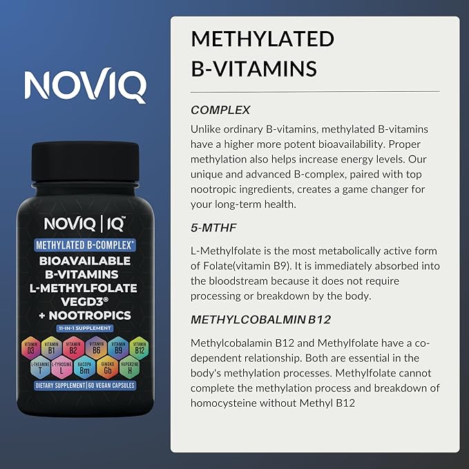 11-in-1 Methylated B-Complex Supplement: 680mcg L-Methylfolate(5-MTHF) Thiamine(B1) Riboflavin(B2) Pyridoxal(B6) Methylcobalamin(B12) - VegD3® + Nootropics - 1,100mg+ Serving - 60 Count
