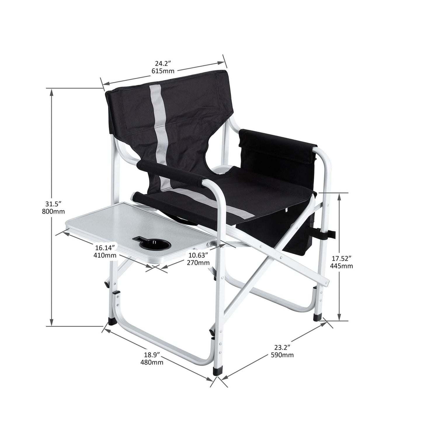 1-piece Padded Folding Outdoor Chair with Side Table and Storage Pockets, Lightweight Oversized Directors Chair for indoor, Outdoor Camping, Picnics and Fishing, Black/Grey Black+ Gray