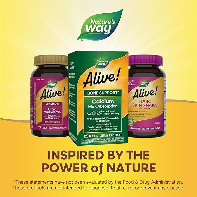 Nature's Way Alive! Calcium Max Absorption, Bone Support*, Plant Source Calcium, Vitamin D3 & K2, Magnesium, 120 Tablets (Packaging May Vary)