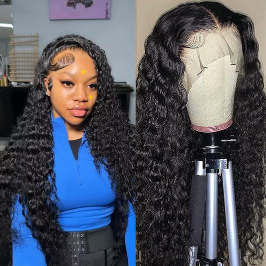 Manorshen 13X6 Deep Wave Human Hair Transparent Lace Front Wigs 180% Density Wet And Wavy Human Hair Wigs For Women Curly Lace F