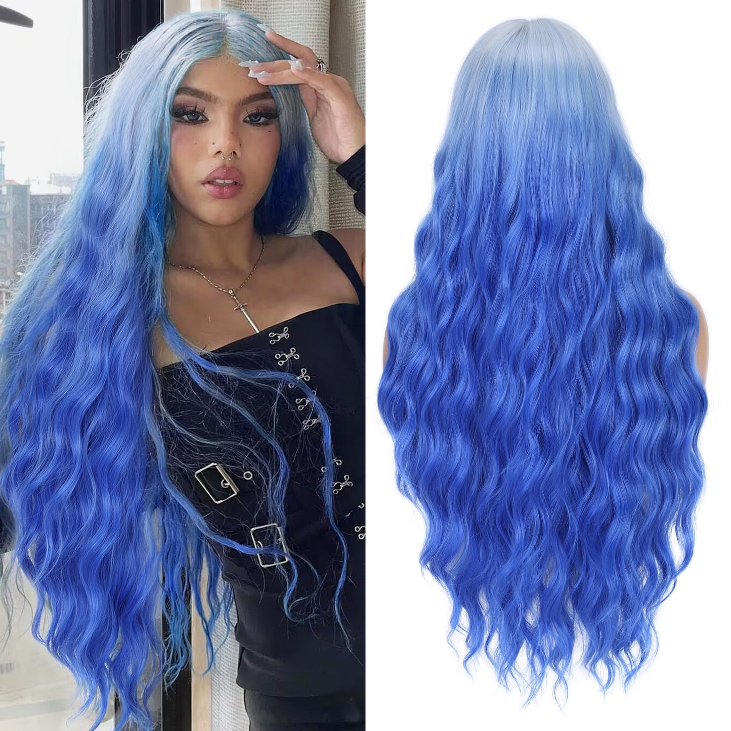 Fave Ombre Blue Wavy Wigs 28Inch Long Blue Wig Middle Part Natural Curly Wigs For White Women Light Roots Synthetic Wigs Daily P
