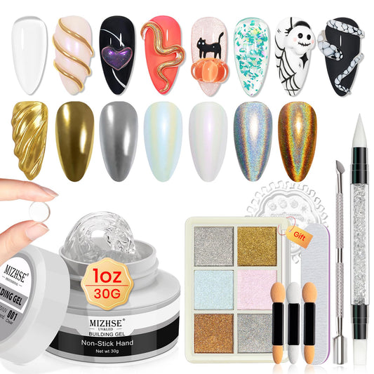 Mizhse Solid Builder Gel - 1 Oz Clear Non Stick Hand Hard Gel With 6 Colors Chrome Nail Powder Nail Form Nail Extension Kit For