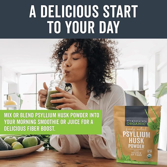 Viva Naturals Organic Psyllium Husk Powder, 24 oz - Finely Ground, Unflavored Plant Based Superfood - Good Source of Fiber for Gluten-Free Baking, Juices & Smoothies - Certified Vegan, Keto and Paleo