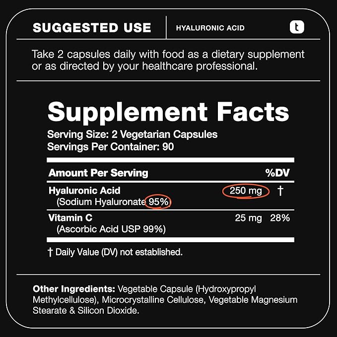 Hyaluronic Acid Supplements – Lab Tested 95% Ultra High Purity – Fermented and Bioavailable with Vitamin C – Third Party Lab Tested – 180 Capsules