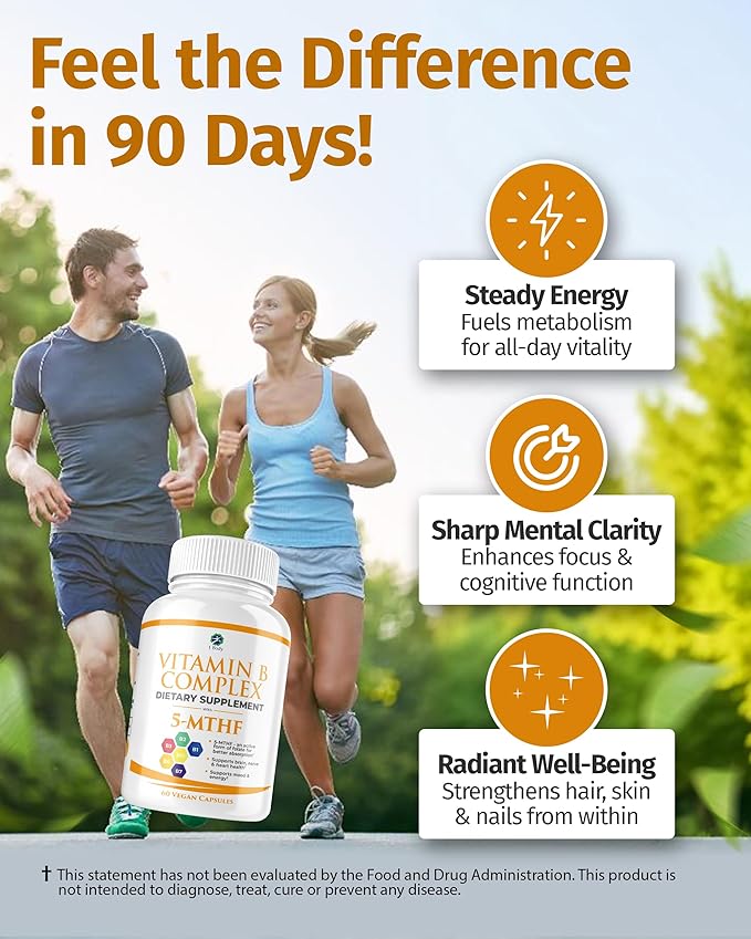 1 Body Vitamin B Complex – Methylated B12, 5-MTHF Folate, High Potency B Vitamins for Energy, Stress, Brain & Heart Support, Vegan, 60 Capsules