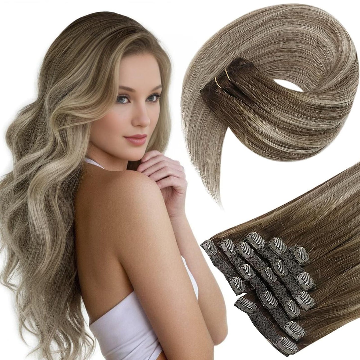 Sunny Short Human Hair Clip In Extensions Brown Clip In Hair Extensions Ombre Dark Brown To Light Brown With Blonde Real Hair Ex