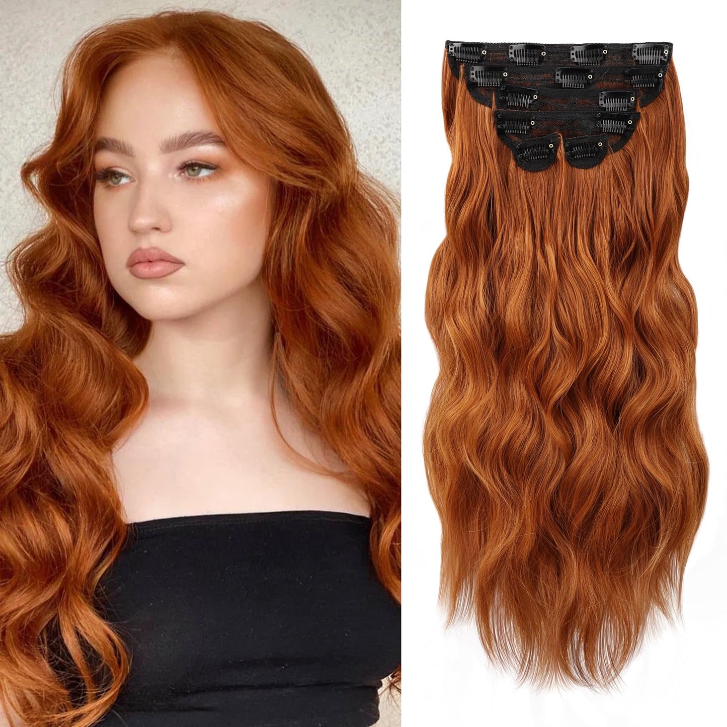 Wecan Clip In Hair Extension 20 Inch Copper Red 6Pcs Natural Long Wavy Curly Hairpieces For Women Thick Synthetic Fiber Double W