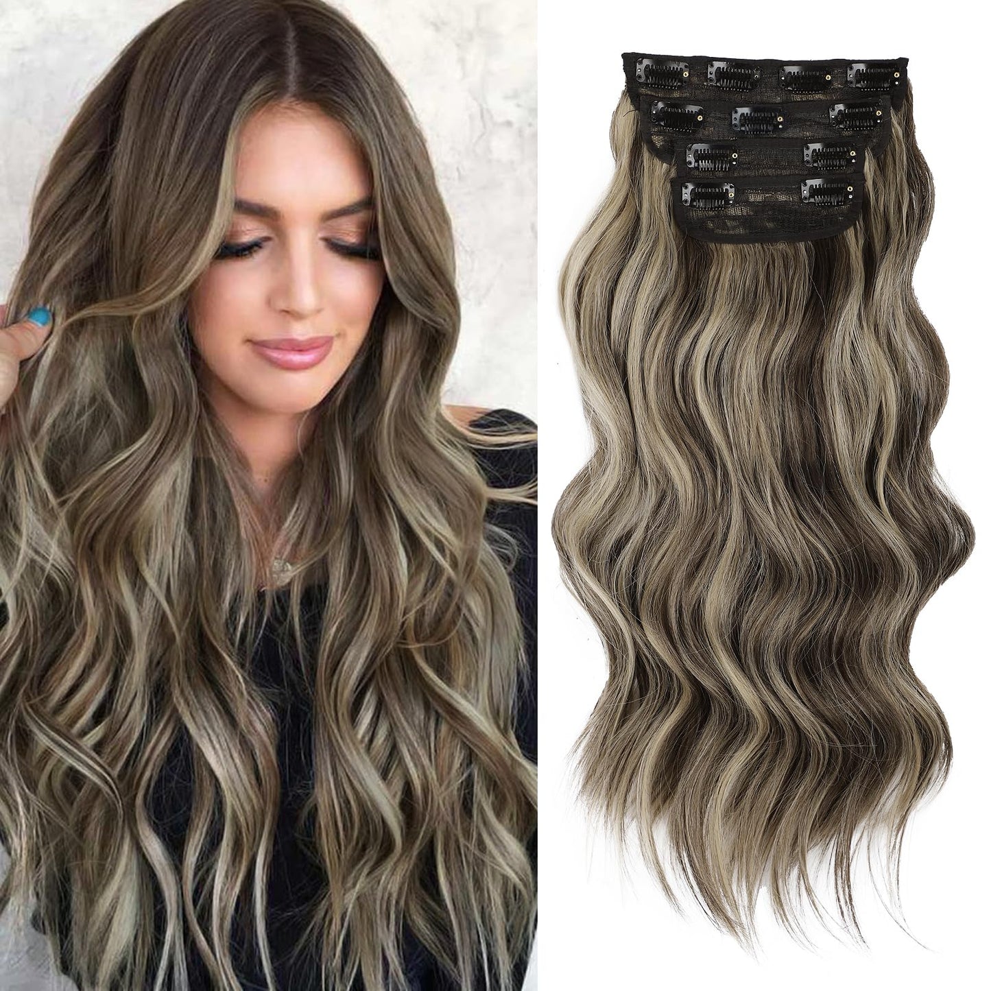 Vigorous Clip In Hair Extensions 20 Inch Walnut Brown Mixed Blonde For Women 4Pcs Synthetic Long Wavy Hair Extensions For Women
