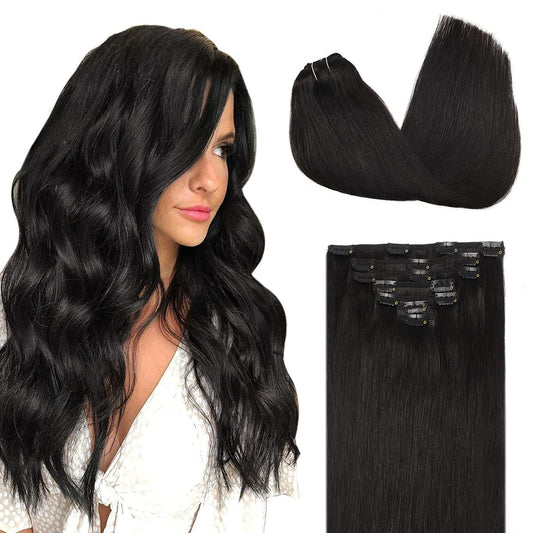 Doores Clip In Hair Extensions Natural Black 120G 7Pcs 16 Inch Real Human Hair Extensions Clip In Straight Natural Hair Extensio