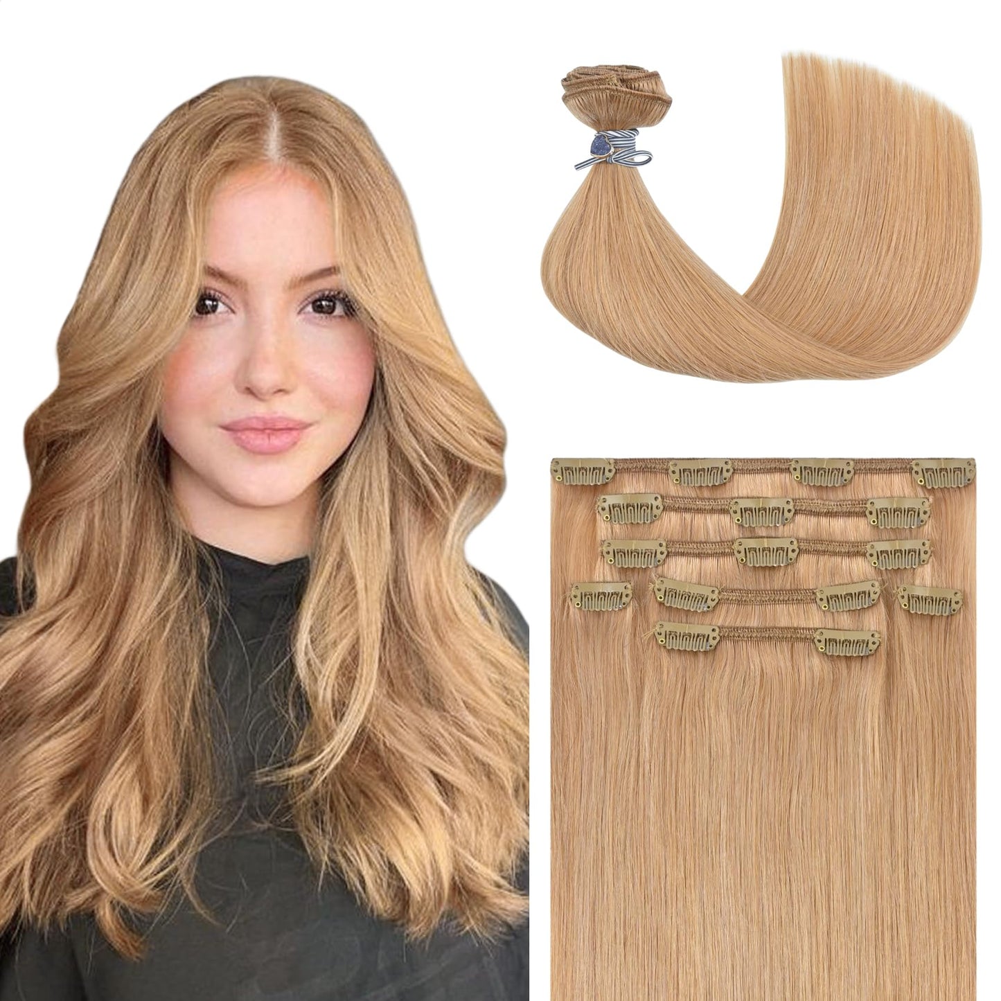 Honsoo Golden Brown Hair Extensions Clip In Human Hair Extensions Reddish Blonde 70G 20In 7Pcs Natural Long Soft Hair, Can Be St