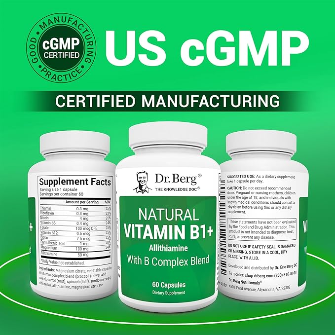 Dr. Berg Natural Vitamin B1 B6 B12 Complex - Allithiamine Vitamin B1 Supplement with 8 Essential Vitamin B Complex for Men & Women Including Thiamin, Niacin, Folate, Magnesium & More - 60 Capsules