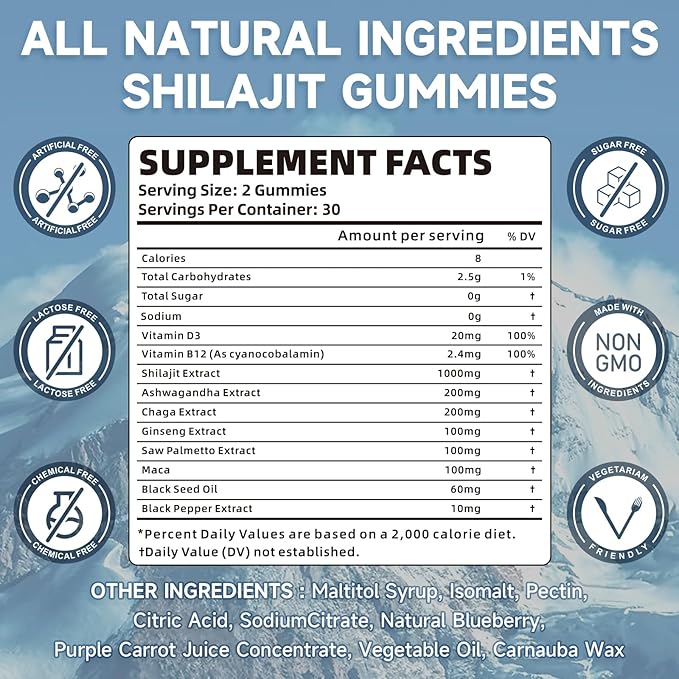 Pure Himalayan Shilajit Gummies for Men & Women - Sugar-Free Shilajit Supplement Rich in 85+ Trace Minerals & Fulvic Acid, Providing Energy, Brain, and Immunity Support - 60 Gummies