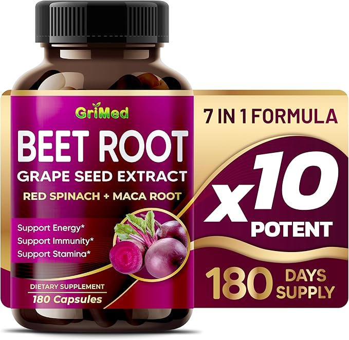 12,900mg Beet Root x12 Potency with Grape Seed Extract, Maca Root, Red Spinach, Ashwagandha - Healthy Energy Supplement for Heart Support (90 Count (Pack of 1))