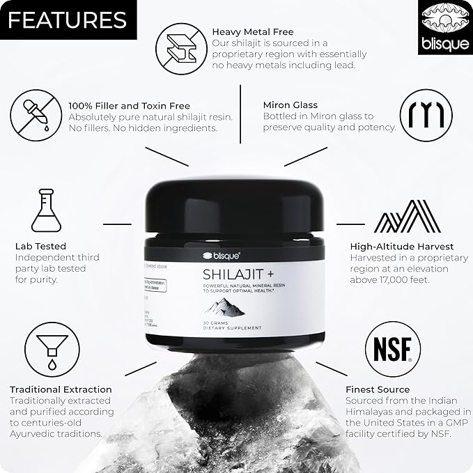 Blisque – Pure Himalayan Organic Shilajit Resin Supplement | Authentic and Natural | Golden Grade A | Contains Fulvic Acid and Trace Minerals | 30 Grams