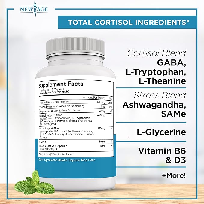 NEW AGE Cortisol Supplement for Women - Natural Cortisol Detox Manager Reducer - Ashwagandha, GABA, 5 HTP, L-Tryptophan, L-Theanine - 180 Count