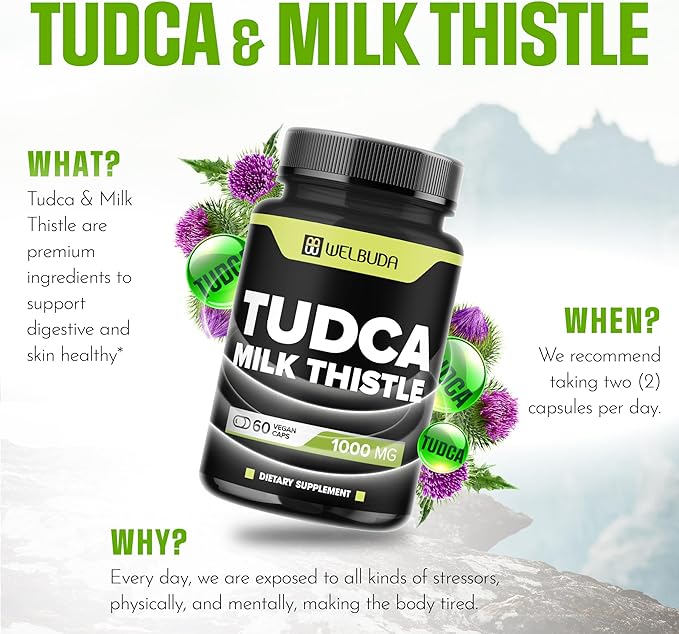 1000mg Tudca Supplement with Milk Thistle Extract - 60 Vegan Capsules - Support for Immune System, Digestion Health, Body Purification & Brain Health