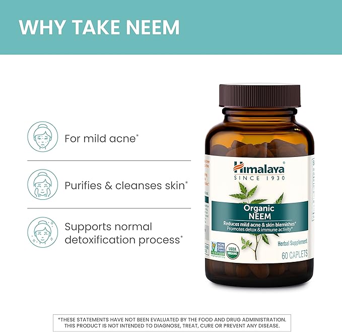 Himalaya Organic Neem Herbal Supplement, for Mild Acne & Clear Skin, Purifying, Ayurvedic, USDA Certified Organic, Non-GMO, Vegan, 600 mg, 60 Plant Based Caplets, 2 Pack