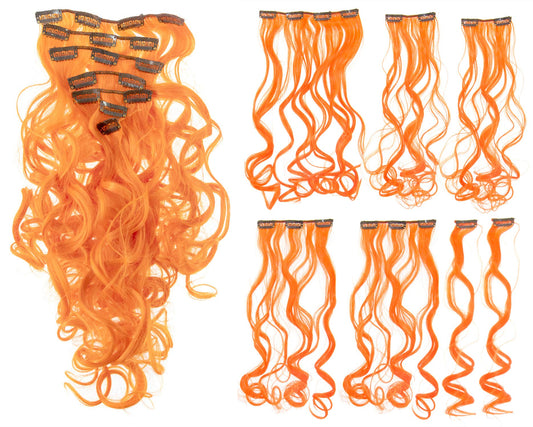 Swacc 7 Pcs Full Head Party Highlights Clip On In Hair Extensions Colored Hair Streak Synthetic Hairpieces (20-Inch Curly, Orang