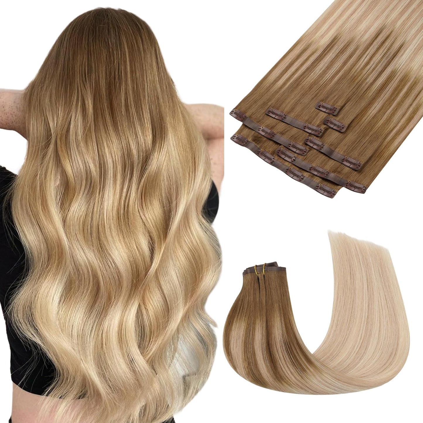Maxita Clip In Hair Extensions Real Human Hair,130G 7Pcs Ash Bronde Highlight 16 Inch,Remy Clip In Hair Extensions Seamless Clip