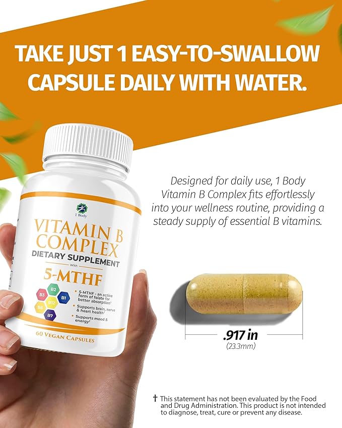 1 Body Vitamin B Complex – Methylated B12, 5-MTHF Folate, High Potency B Vitamins for Energy, Stress, Brain & Heart Support, Vegan, 60 Capsules