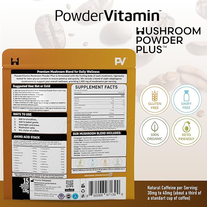 Organic Mushroom Coffee Certified Mold & Mycotoxin Free GrassFed Collagen Types I & III 8 Fruiting Body Mushrooms Tested for BetaGlucans Focus Energy Digestion & Immunity 15 Servings