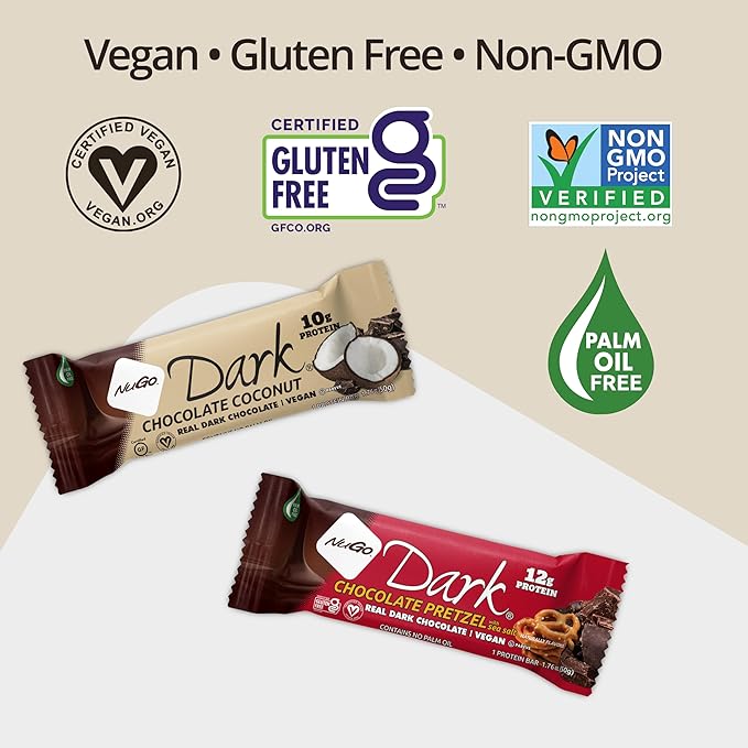NuGo Dark Variety - Chocolate Pretzel 12 Bars & Mint Chocolate Chip 12 Bars, 12-13g Protein, Vegan, Gluten Free, Non-GMO, Kosher Pareve, 24 Count