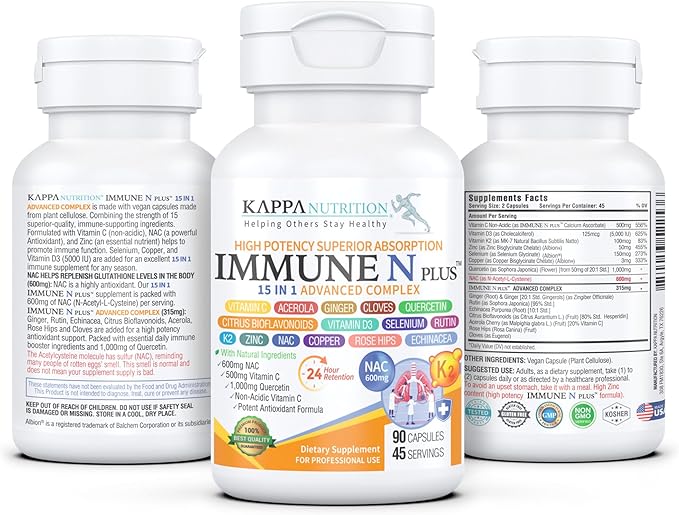 (90 Capsules), NAC 600mg, Quercetin 1,000mg, Vitamin C 500mg, Zinc 50mg, Vitamin D3 5,000iu, Selenium, Copper, Acerola, Ginger, Rutin, Citrus Bioflavonoids, Rose Hips, Echinacea, Immune N Plus 15 in 1
